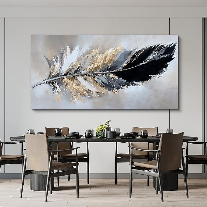 YISXINOAG Modern Canvas Wall Art Black and Gold Wall Decor Large Abstract Wall Art for Living Room Modern Home Decorations Abstract Art Prints Minimalist Feather Home Artwork Size 29"X58"