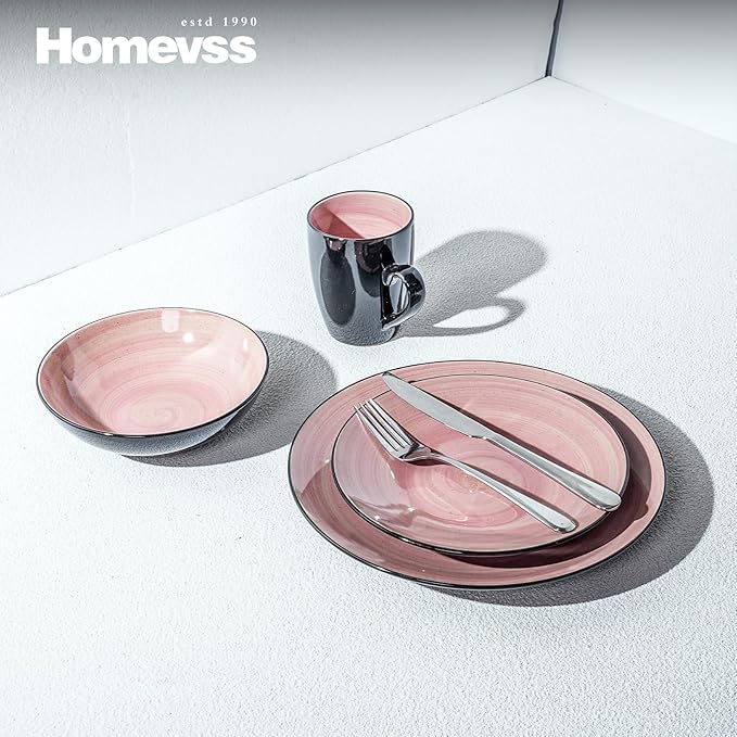 Sonoma Stoneware 16pc Dinnerware Set, Outside Black + Inside Hand Painting Rose