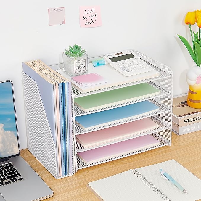 OPNICE 5-Tier Paper Organizer with Magazine Holder, Desk Organizers and Accessories, Office Desk Accessories & Workspace Organizers, Desktop File Organizer for Office Supplies Storage, White