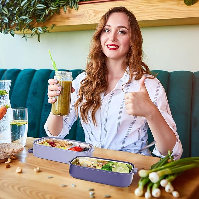 Stainless Steel Bento Box for Adults&Kids,Japanese Leakproof Lunch Box Divided Food Meal Storage Containers Set Stackable 2 Layer for Children School Picnic Blue