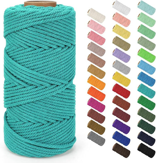 Macrame Cord 4mm x 109Yards (328Feet), Natural Cotton Macrame Rope - 4 Strands Twisted Macrame Cotton Cord for Wall Hanging, Plant Hangers, Crafts, Gift Wrapping and Wedding Decorations, Lake Green