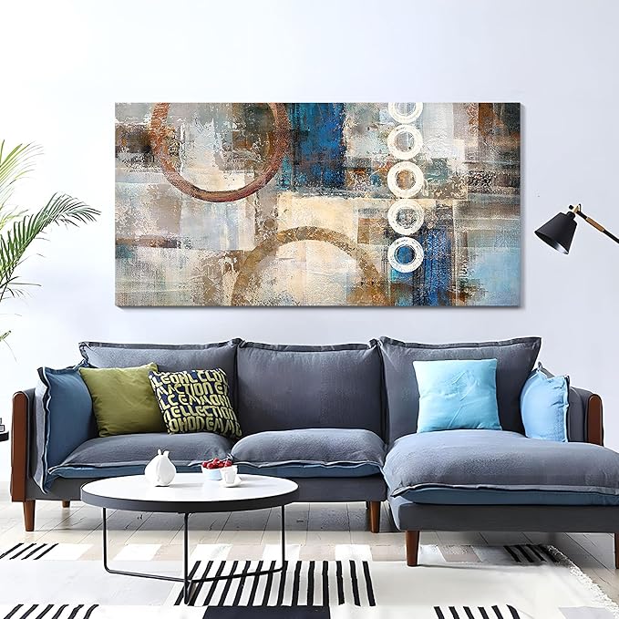 yiijeah Geometric Wall Art - Yellow and Blue Wall art for Living Room - Framed Picture Artwork & 48x24 Inches Large Painting Modern Home Decor