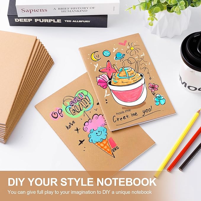 60PCS A5 Blank Kraft Notebooks Bulk, 8.3x5.5inch Unlined Paper Composition Notebook, 60 Pages Travel Journal Notebook Set for Work, School, Student,Kids and Writing