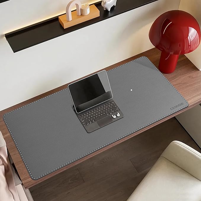 CENNBIE 35.5" x 16" Leather Desk Mat, Non-Slip Waterproof Extra Wide Desk Pad Protector,Computer Mouse Pad for Office Home (Grey)
