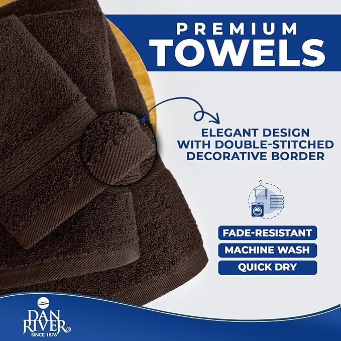 DAN RIVER 8 PC Luxury Bath Towels for Bathroom, 2 Bath, 2 Hand, and 4 Wash Cloths, 600 GSM 100% Ring Spun Cotton Towel Set, Highly Absorbent, Gym, Hotel, and Spa, Brown