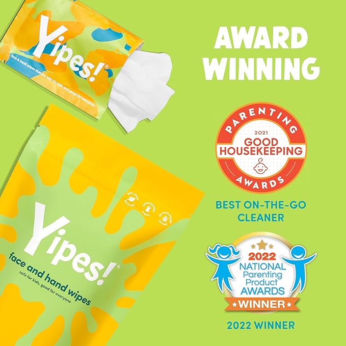 Yipes! Kids Face and Hand Wipes | Compostable Wet Wipes for Sensitive Skin | Individually Wrapped | Classroom Must Haves | Travel Essentials | For Backpacks, Lunchboxes, Classroom Supplies | 4 pack