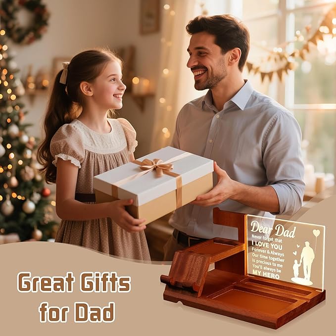 Attivolife Dad Gifts Idea LED Phone Docking Station Desk Organizer, Cell Phone Stand with Night Light, Best Dad Ever Gift for Father's Day, Key Holder, Stand for Wallet Watch Essentials