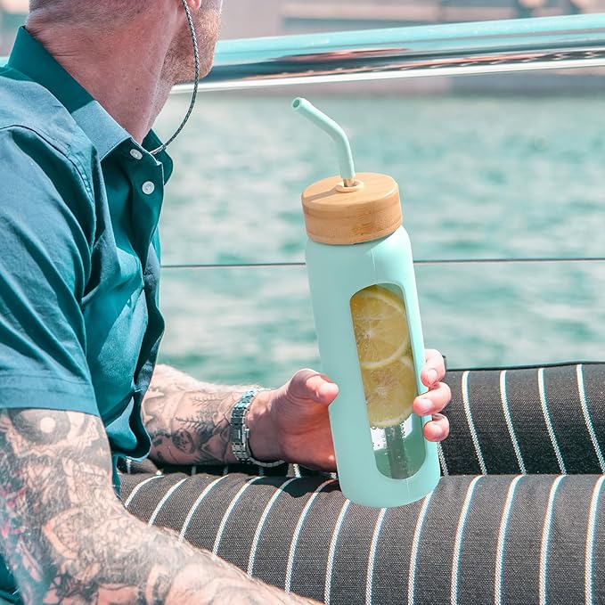 24oz Glass Water Bottle with Straw and 2 Lids-Bamboo and Spout Lid, Borosilicate Glass Water Bottle with Silicone Sleeve and Time Marker,BPA Free & Cupholder Friendly,Mint Green