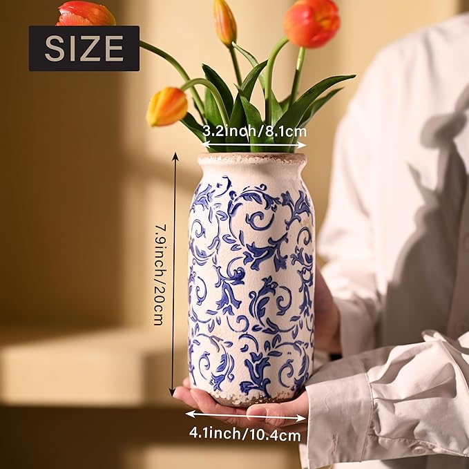 VICTOR & TERESA Rustic Blue and White Vase for Home Decor, Ceramic Vases for Flowers, Modern Farmhouse Decorative Vases for Pampas Grass,Table, Mantel, Living Room,Bookshelf, Centerpieces, 8''