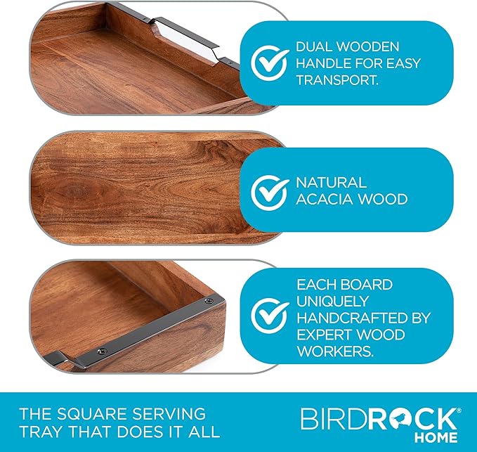 BIRDROCK HOME Wooden Serving Tray with Handles - Farmhouse Decor - Square Top Breakfast Trays - Tea Cheese Board - Coffee Table - Natural Acacia Wood - Kitchen - Bar