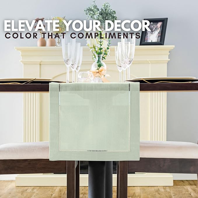 Sage Green Table Runner with Hemstitch – Light Green Runner for Farmhouse Decor, Rustic Dining Table, Dressers, and Home Decoration (14 x 108 Inches Long)