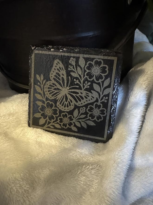 Natural Slate Butterfly and Floral Design Coasters, Black Stone Drink Coasters, Decorative Table Protection Set of 4