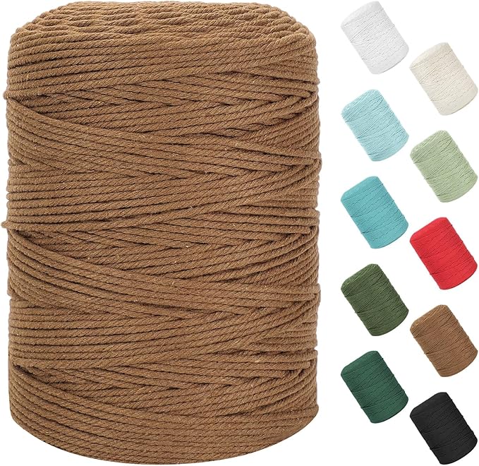 Macrame Cord 3mm x 380Yards (1140Feet), Natural Cotton Macrame Rope - 4 Strands Twisted Macrame Cotton Cord for Wall Hanging, Plant Hangers, Crafts, Gift Wrapping and Wedding Decorations, Caramel