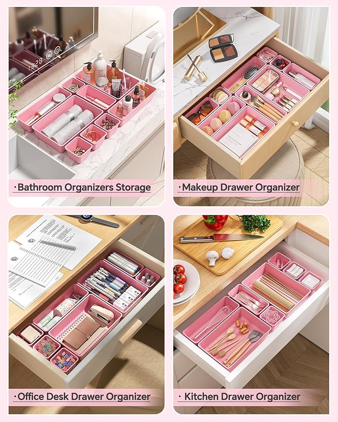 25 PCS Plastic Drawer Organizers Set, 4 Sizes Vanity Organizer, Makeup and Desk Drawer Organizer Trays, Organization and Storage for Makeup, Bathroom, Kitchen Utensils and Office (Pink)