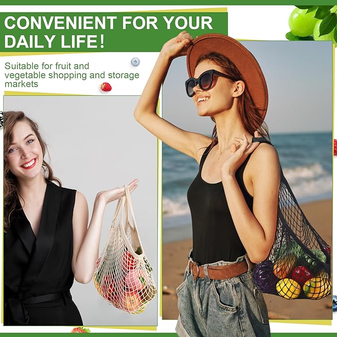 Paterr 50 Pack Cotton Mesh Produce Bags Bulk Reusable Market Bag Washable Net Grocery Purse String Shopping Tote Beach Organizer for Vegetable Fruit Picnic Food Storage (Short Handle,Beige and Black)