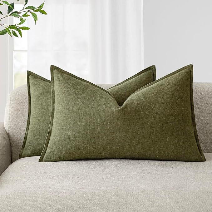 Foindtower Pack of 2, Decorative Linen Soild Throw Pillow Covers Soft Accent Lumbar Cushion Case Boho Farmhouse Pillowcase for Chair Couch Sofa Bedroom Living Room Home Decor 12 x 20 Inch Olive Green