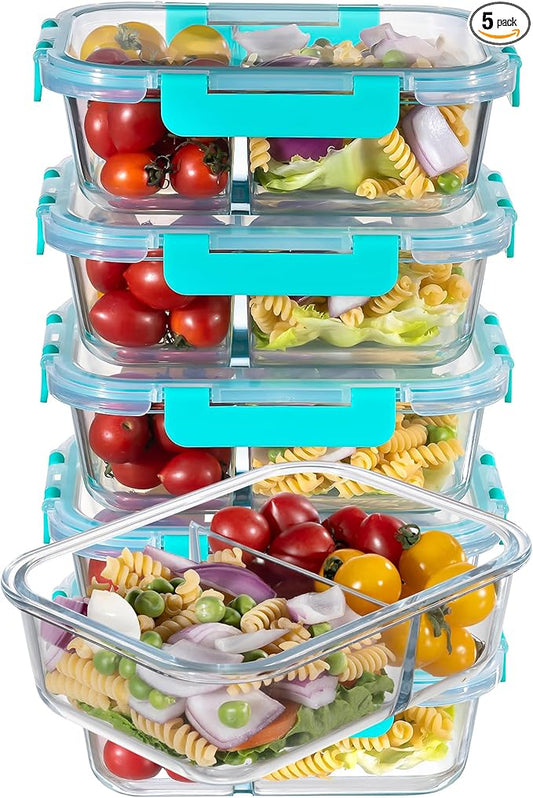 MFY 5-Pack 36 OZ Glass Storage Containers with Lids, Glass Meal Prep Containers 2 Compartment Set, Airtight Lunch Containers with Lids, Microwave, Oven, Freezer and Dishwasher Safe, Green