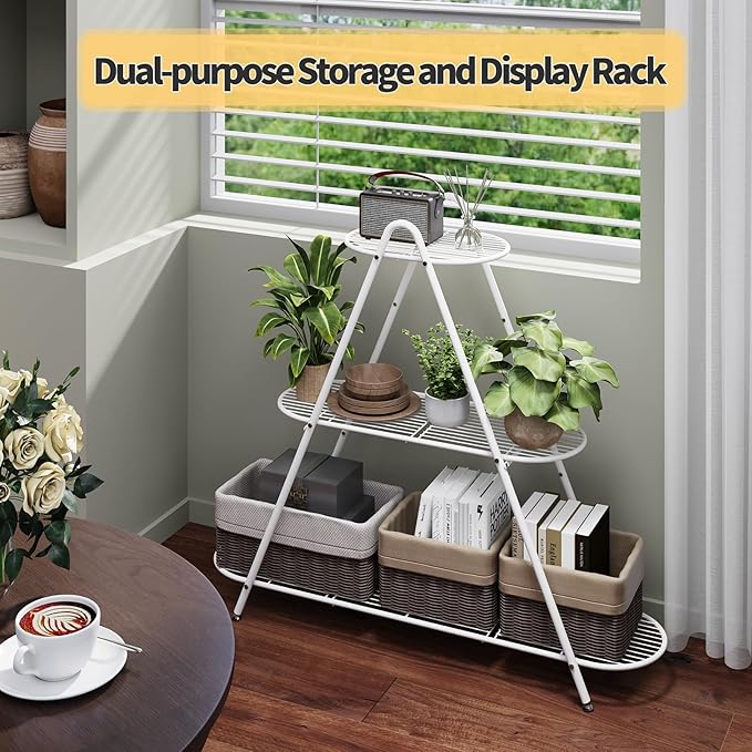 Plant Stand for Patio, 3-Tier Metal Plant Shelf–Indoor/Outdoor Display Rack for Multiple Pots, Heavy Duty Plants, Garden Flower Organizer (White)