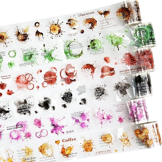 Memories of Coffee PET Tape Set, 6 Rolls Vintage Coffee Stain Stickers with Clip for Scrapbooking, Journaling, DIY and Crafts Supplies