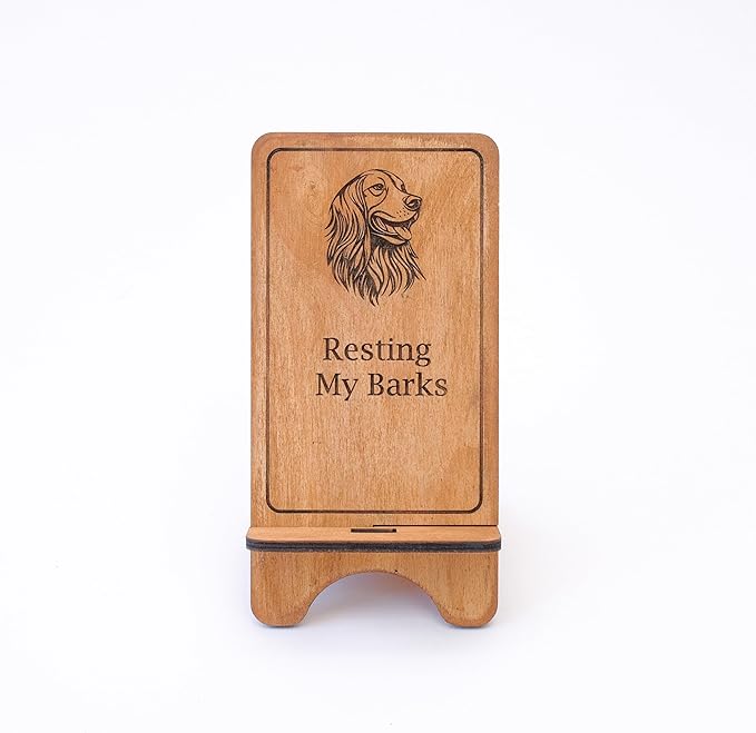 Design Your Own Phone Stand Personalized Wooden Holder Custom Pet Name Engraved Handmade Desk and Home Accessory Gift (Resting My Barks Golden)