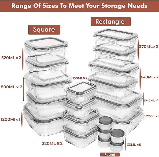 Razab 35 Pc Set Glass Food Storage Containers with Lids - Meal Prep Airtight Bento Boxes BPA-Free 100% Leak Proof (15 lids,15 glass & 5 Plastic Sauce/Dip Containers)