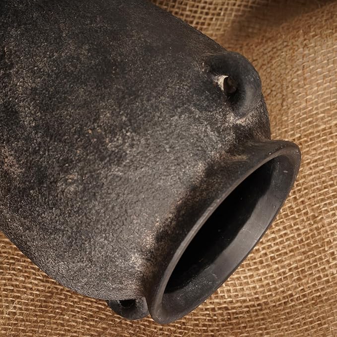 Terracotta Vase 10inch Tall, Farmhouse Distressed Ceramic Pottery, Unique Textured Stoneware Mantel Decoration, Black Boho Vintage Stone Vases for Flowers, Centerpieces, Living Room.