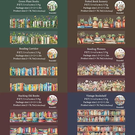 6 Rolls PET Washi Tape Set,Reading Themed Scrapbook Tape Stickers for Journaling,Junk Journal,Planner,DIY Arts Crafts,Notebook,Photo Frame,Phone Case(Book)
