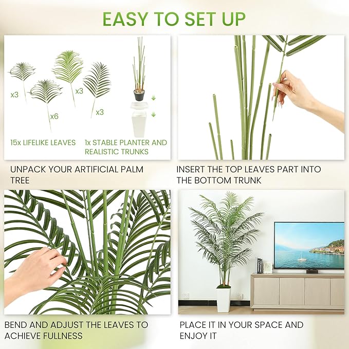 6FT Artificial Palm Tree, Tall Fake Tropical Areca Plant with White Square Planter for Indoor Outdoor Home Decor, Realistic Faux Palm Tree for Living Room, Office, Porch, Garden