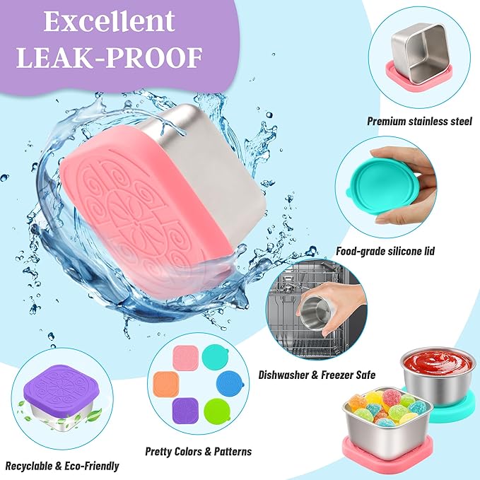 6 PCS Salad Dressing Container to Go,Handy Leakproof Stainless Steel Meal Prep Containers Reusable,Sauce Containers for Lunch Box, Picnics, Travel, Office and Kitchen Storage-1.6oz+2.7oz