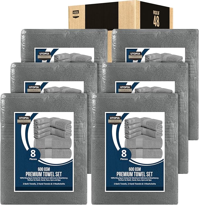 Utopia Towels 48-Piece Premium Towel Set, 12 Bath Towels, 12 Hand Towels, and 24 Wash Cloths, 100% Ring Spun Cotton Highly Absorbent Towels for Bathroom, Sports, and Hotel (Grey)