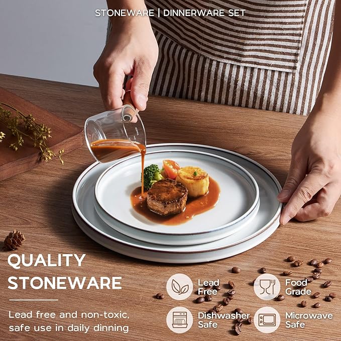 Onader Stoneware Dinnerware Sets, 12 Piece Plates and Bowls Dish Sets for 4, Ceramic Dishware Dining Ware with Rustic Terracotta Bottom - Glacier White