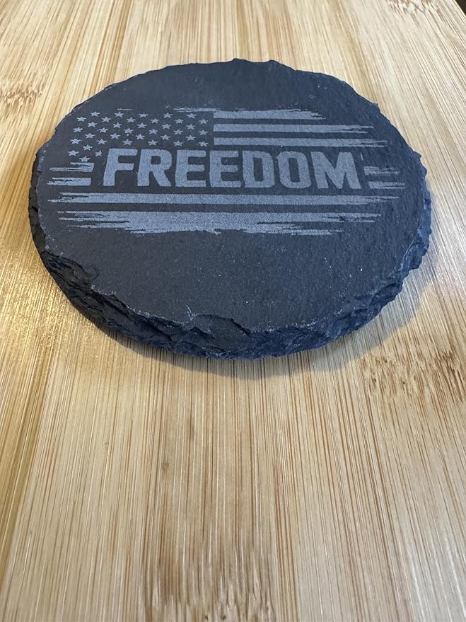 Freedom Natural Slate Coaster with American Flag Design, Black Stone, Patriotic Home Decor, Rustic Drink Holder Set of 4