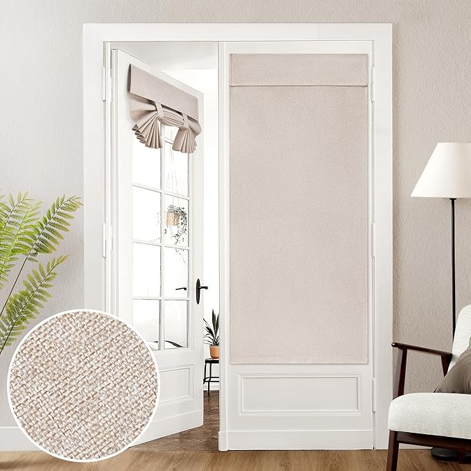 HOMEIDEAS 100% Natural Linen Blackout French Door Curtains, Privacy Door Window Curtains, 30 X 68 Inch Room Darkening Blinds, Thermal Insulated Shades for Bedroom, 1 Panel