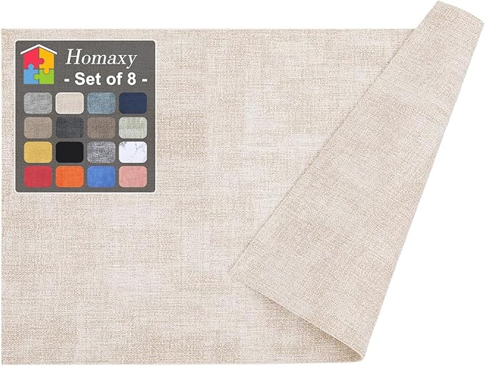 Homaxy Faux Leather Heat Resistant Placemats for Dining Table Set of 8, Waterproof Wipeable Washable PU Table Mats, Easy to Clean Anti-Slip Place Mats, 11.8" x 17", Beige