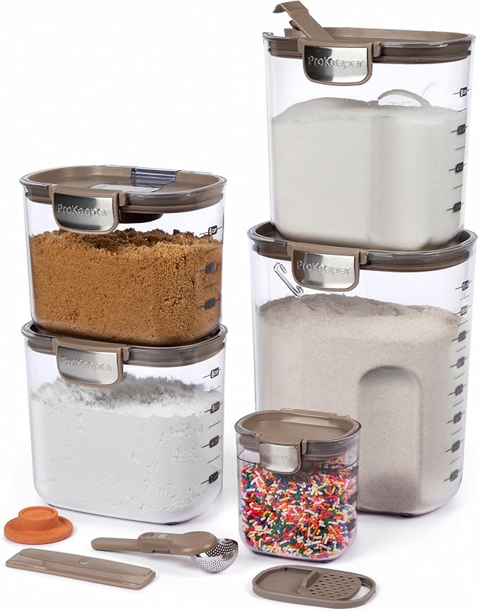 ProKeeper+ 9-Piece Airtight Food Storage Container Set – Clear Plastic Flour and Sugar Canister Set with Magnetic Accessories for Kitchen Organization (Taupe, 9-Piece)
