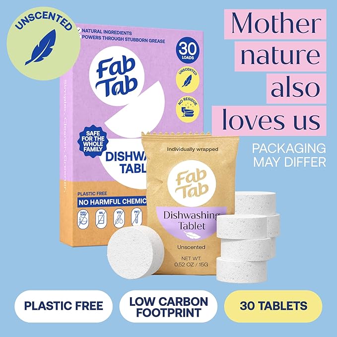 Fab Tab Dishwasher Tablets, Unscented, A Plastic Free Dishwasher Pod Alternative, Powers Through Grease, Leaves No Residue, Safe for The Whole Family, Individually Wrapped