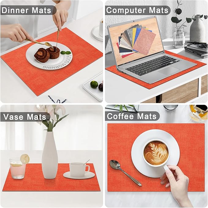 Homaxy Faux Leather Heat Resistant Placemats for Dining Table Set of 6, Waterproof Wipeable Washable PU Table Mats, Easy to Clean Anti-Slip Place Mats, 11.8" x 17", Orange