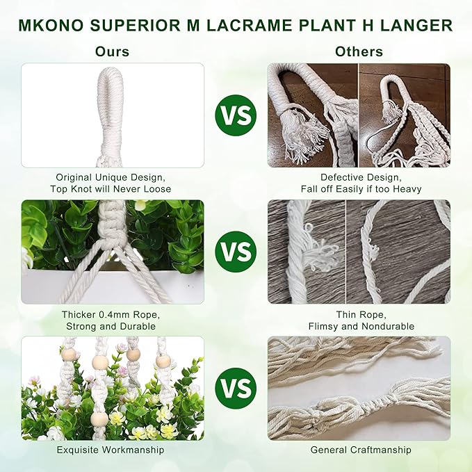 YIBOT Macrame Plant Hanger Indoor Outdoor, Up to 4-15 inch Pot, Heavy 20lb Planters, Extra Long Strong Hanging Planter Basket, Boho Home Decor, 35 Inch, Ivory, Set of 2 (POTS NOT Included)