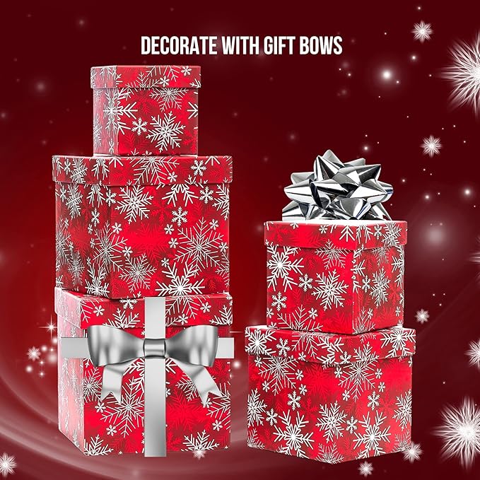 UNIQOOO 5PCS Christmas Nesting Gift Boxes with Lid, Xmas Nested Box Set, 5 Sizes, Square Stackable, Red White Snowflake Candy Cane Paper Box Tower Décor, for Holiday Thanksgiving New Year Packaging