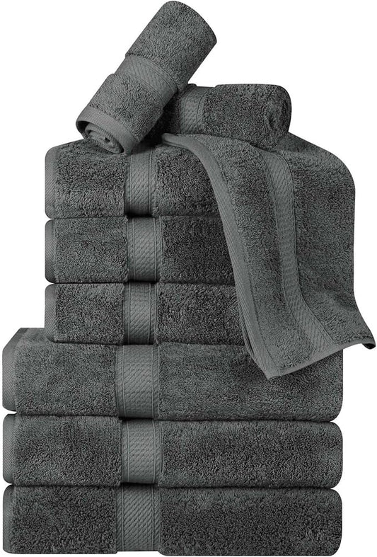 BNM Egyptian Cotton Heavyweight Towels, Ideal For Bathroom, Shower, Spa, Hotel, 800 GSM, Face/ Washcloths, Hand Towels, Bath Towels, Highly-Absorbent, Luxury Home Basics, 9 Piece Towel Set, Charcoal