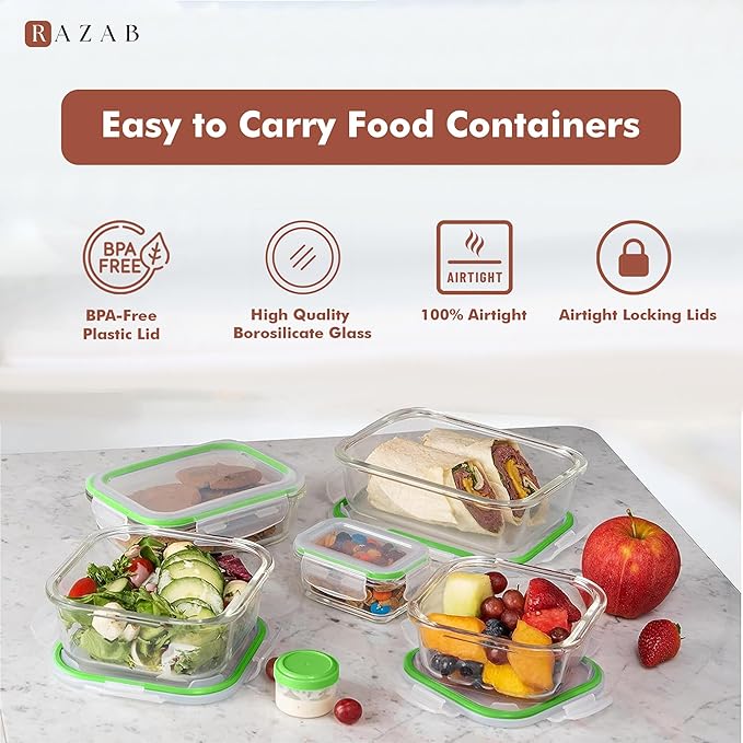 Razab 35 Pc Set Glass Food Storage Containers with Lids - Meal Prep Airtight Bento Boxes BPA-Free 100% Leak Proof (15 lids,15 glass & 5 Plastic Sauce/Dip Containers)