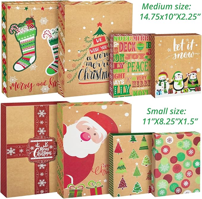 12 Kraft Christmas Gift Boxes with Lids for wrapping Large Clothes and 80 Foil Christmas Gift Stickers (Assorted size for wrapping Robes, Sweater, Coat, Shirts and Clothes xmas Holiday Present)