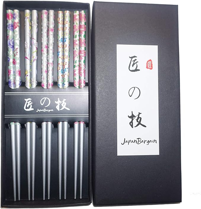 JapanBargain 4513, Reusable Bamboo Chopsticks Set, 5 Pairs Gift Boxed, 9 Inch Japanese Chinese Korean Wood Chopsticks Silver Flora Design, Dishwasher Safe, Hair Sticks