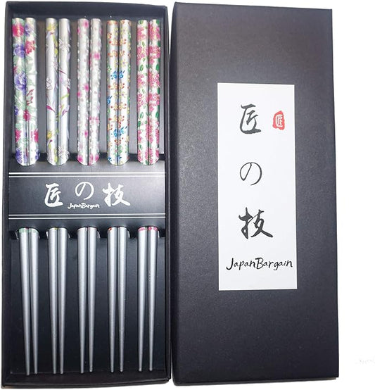 JapanBargain 4513, Reusable Bamboo Chopsticks Set, 5 Pairs Gift Boxed, 9 Inch Japanese Chinese Korean Wood Chopsticks Silver Flora Design, Dishwasher Safe, Hair Sticks
