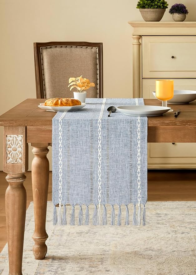 Hemstitched Farmhouse Table Runner, Blue 13x48 Inch, Cotton Linen Table Runners 48 Inches Long, Embroidered Striped Blue Boho Table Runner Rustic Home Decor