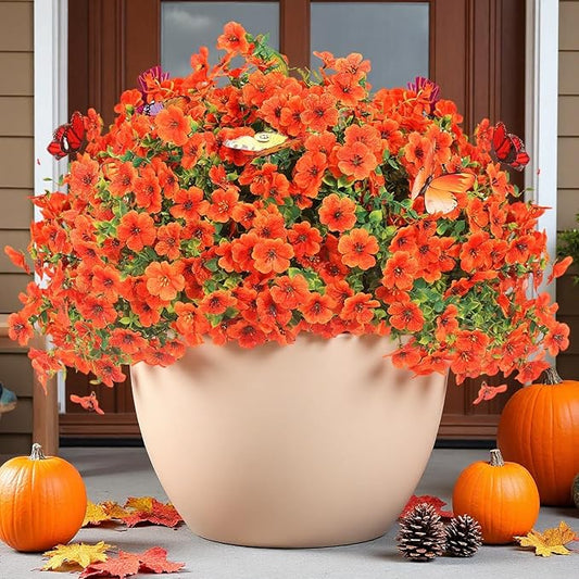 20 Bundles Artificial Flowers for Outdoors‌ with 6 Faux Butterflies, UV Resistant Fake Flowers‌ with Eucalyptus Leaves, Artificial Plants Outdoor‌ for Patio Garden Porch Home Decor (Orange)