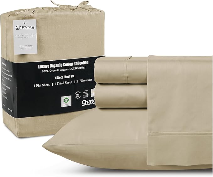 300TC 100% Organic Cotton Twin XL Size Sheets Set, XL Twin Bed Sheets Luxury Hotel Collection Fully Elasticated Sheet & Pillowcase Sets, Machine Washable No Pill Fade Resistant-Tan