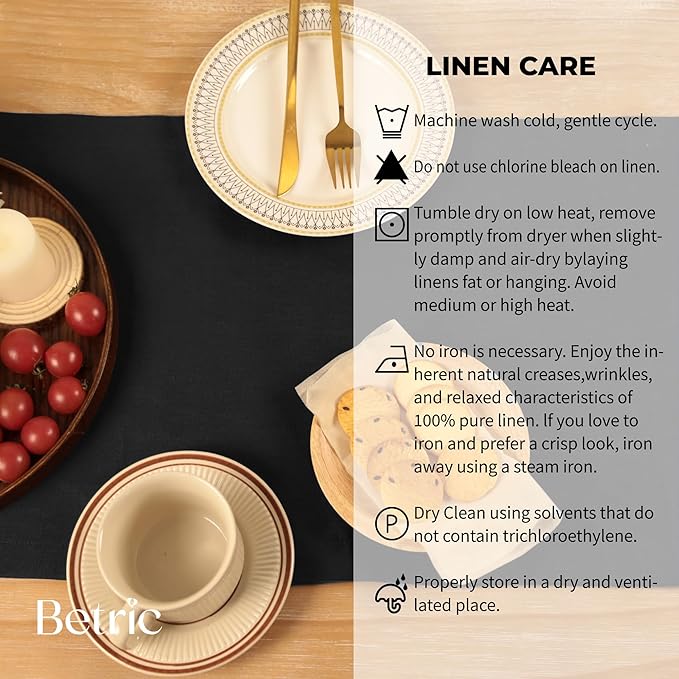 Small Coffee Farmhouse Table Runner for Fall, Thanksgiving, Christmas, and Winter - Athena - 100% Pure Linen - 14 x 48 Inches - Black