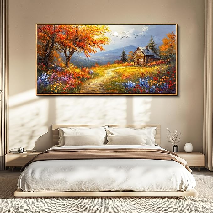 FUHAIHUA Large Wood Framed Wall Decor For Living Room Canvas Wall Art For Office Modern Wall Decorations For Bedroom Reddish Orange Tree Painting Farmhouse Pictures Artwork Room Home Decor 24x48 In