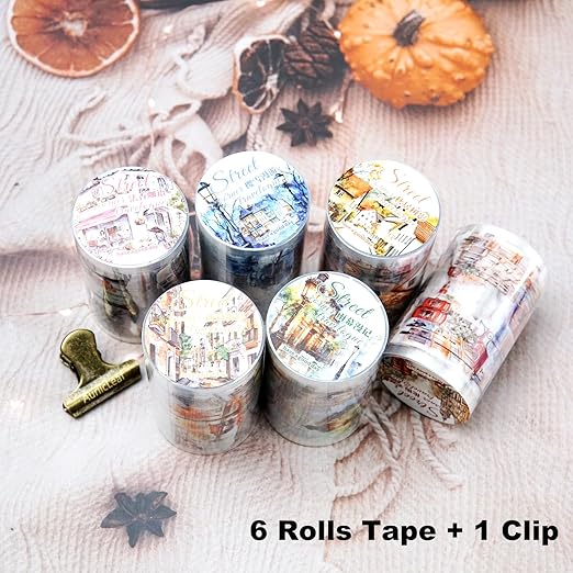 Street Corner PET Tape Set, 6 Rolls Pre-Cut Vintage Cityscape Stickers for Journaling, Scrapbooking, DIY Crafts, Art Supplies